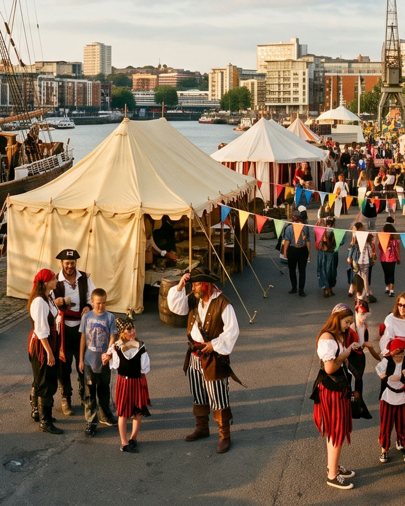 Dockside tents serving food and drink among barrels and bunting