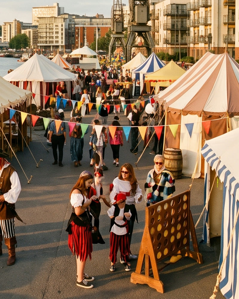 Children and families playing giant handmade wooden games on the dockside