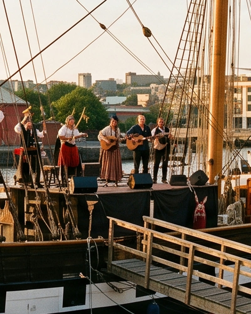 Costumed pirate performers waving from the deck and rigging of the Sultana
